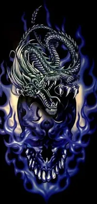 This mobile live wallpaper showcases a gothic-style airbrush painting of a dragon resting atop a skull