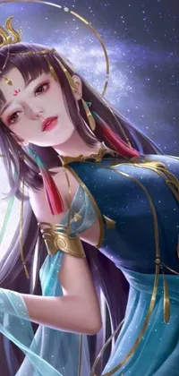 This live wallpaper for your Android phone features an intricate painting of a woman in a beautiful blue dress standing in front of a full moon