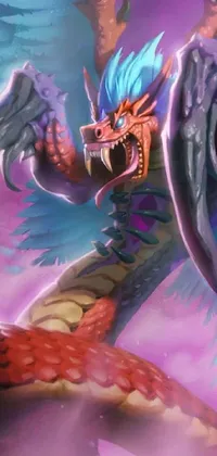 A stunning phone live wallpaper featuring a digital painting of a menacing dragon on a purple background