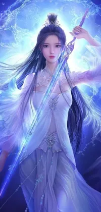 This live wallpaper features a stunning goddess in a white dress holding a sword, framed within an ethereal blue aura