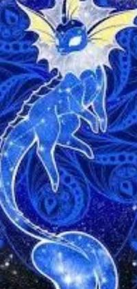This phone wallpaper depicts a stunning blue dragon resting on a blue moon