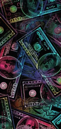 This phone live wallpaper features a digital rendering of a pile of money on a table, with dark and vibrant psychedelic colors