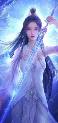 Presenting the captivating phone live wallpaper featuring a fantasy art of a woman in a magnificent white dress holding a sword with determination as she emanates ice powers to create an icy glare