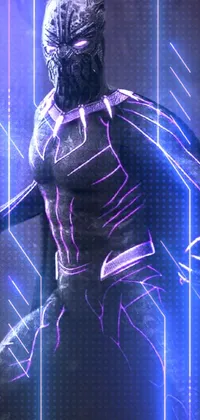 Get an eye-catching and super detailed black panther live wallpaper featuring a striking holographic purple and black color scheme on your phone screen