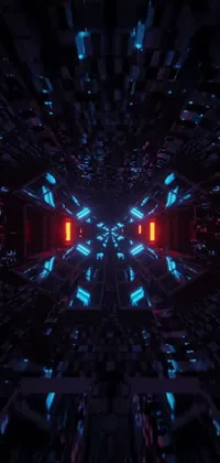 Indulge in the futuristic vibes of our space-themed live wallpaper! The dark backdrop is illuminated by alternating blue and red lights that create a symmetrical and visually enthralling experience