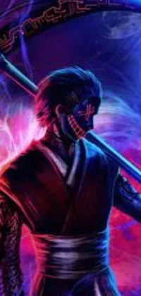 This cyberpunk-style phone live wallpaper features a powerful figure holding a scythe with a demonic mask