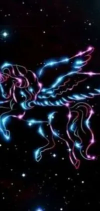 This phone live wallpaper showcases a stunning neon unicorn soaring through the night sky, adorned with mystical hurufiyya-inspired patterns