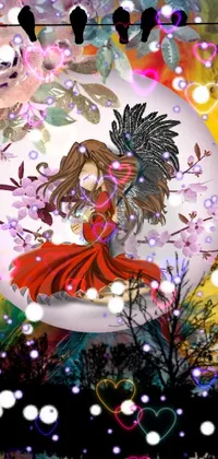 This phone live wallpaper features a beautiful digital painting of a woman wearing a vibrant red kimono against a magical fairyland background