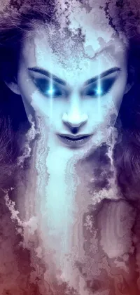 This live wallpaper depicts a digital painting of a stare from a woman with striking blue eyes