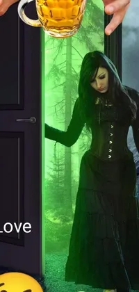 This live phone wallpaper showcases a stunning digital art portraying a woman holding a frothy beer while standing in front of a gothic door