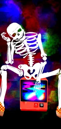 Looking for a fun and quirky phone live wallpaper? Look no further than this psychedelic digital art piece featuring an oversaturated skeleton sitting on top of a retro TV