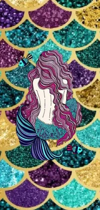 This mesmerizing live mobile wallpaper showcases a beautiful mermaid sitting atop a vibrant mermaid tail, adorned with glitter accents for added sparkle