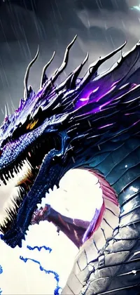 Looking for a stunning live wallpaper for your phone? Check out this impressive concept art featuring a close-up of a dragon during the rain! The demon black color scheme merges beautifully with shades of blue and purple, evoking a foreboding and powerful presence