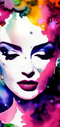 This phone live wallpaper features a vibrant pop art painting of a woman with flowers in her hair, created using stunning airbrush art techniques