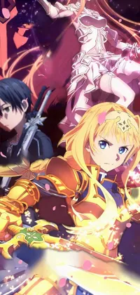Get mesmerized by this dynamic live wallpaper featuring a group of anime characters standing together with flaming swords, emanating power and readiness for battle