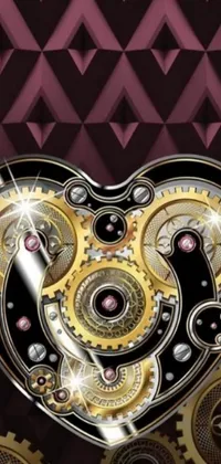 This live wallpaper features a stunning clockwork heart with small gears turning, set against a dreamy, purple background