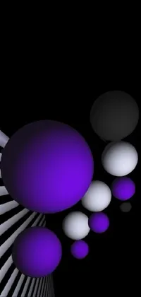 This phone live wallpaper showcases numerous purple and white balls floating on a black backdrop