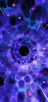 This dynamic live wallpaper showcases a dark, cosmic theme centered on a black hole, encircled by a galaxy of stars, amid an indigo background