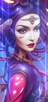 This live wallpaper features a purple-haired woman in a cyberpunk style inspired by the Jules Chéret art movement