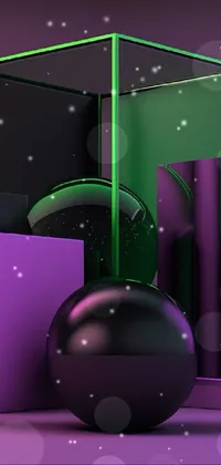 This live phone wallpaper showcases a stunning 3D black sphere atop a purple box, surrounded by green and black neon geometric shapes