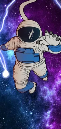 This live phone wallpaper boasts a surrealistic outer space scene with a floating astronaut