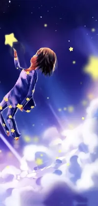 This phone live wallpaper boasts a captivating anime-style digital art featuring a girl in pajamas soaring through the air holding a star