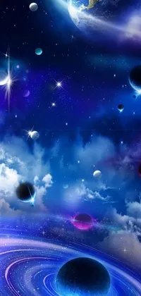 Are you a space enthusiast? Then this live wallpaper is perfect for you! This digital art features an amazing space scene with twinkling stars, planets, and dark blue spheres flying around