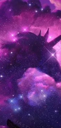 This live wallpaper depicts a stunning unicorn soaring through a red and purple nebula against a beautiful space galaxy background