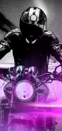 Looking for a cool live wallpaper that captures the freedom of the open road? Check out this one featuring a rider on a motorcycle in digital art form, in shades of black, white, and purple