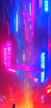 This cyberpunk live wallpaper showcases a futuristic street scene with a group of technologically-enhanced individuals surrounded by neon lights and holographic advertisements