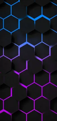 This phone live wallpaper features a bold black background with dazzling purple and blue hexagons in a stunning geometric abstract art design