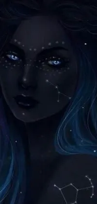 This live wallpaper showcases an elegant digital illustration of a woman with blue hair and intricate constellations on her face