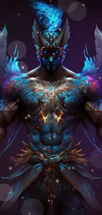 This phone live wallpaper showcases a stunning, close-up of a male djinn man demon hybrid with wings on a dark background