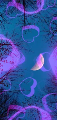 This phone live wallpaper offers a stunning view of the moon shining through trees in an enthralling and whimsical digital art style
