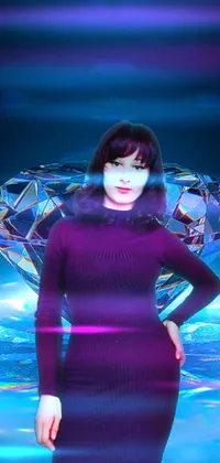This mesmerizing mobile wallpaper features an ultra-realistic image of a woman in a flowing purple dress standing in front of a diamond