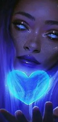 This live wallpaper showcases a beautiful airbrush painting of a woman holding a glowing heart