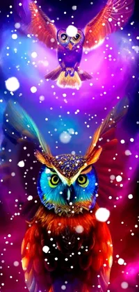 This vibrant phone live wallpaper features a duo of owls traversing through a psychedelic space
