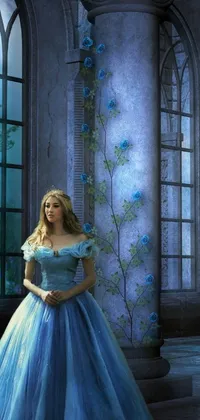 This phone live wallpaper depicts a woman wearing a blue dress, standing in front of a window overlooking a stunning background
