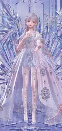 This phone live wallpaper showcases a stunning fantasy scene, featuring a woman wearing a dress adorned with intricate ice crystal designs, giving it an ethereal and magical feel