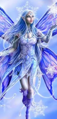 A mystical live wallpaper featuring a strikingly beautiful fairy with iridescent purple wings and blue hair