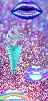This holographic phone wallpaper features a glittery ground with an ice cream cone on top, shimmering in shades of blue and violet
