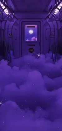 This phone live wallpaper features a surreal train car journey through a dreamy landscape filled with purple clouds, complete with a Sailor Moon aesthetic