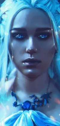 This mesmerizing live wallpaper for your phone features an eye-catching close-up of a blue-haired woman with piercing glowing white eyes