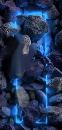 This live wallpaper features a stunning display of rocks atop one another, surrounded by blue flames, and an intricate coal texture