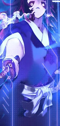 Phone live wallpaper showcasing captivating concept artwork of an elementalist, wearing dark blue and white robes, against a background of an akuma