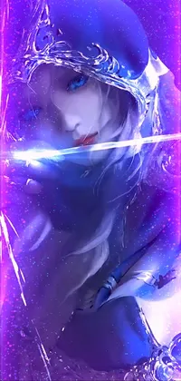 This phone live wallpaper showcases a stunning image of a white cyborg girl holding a sword in a fantasy landscape