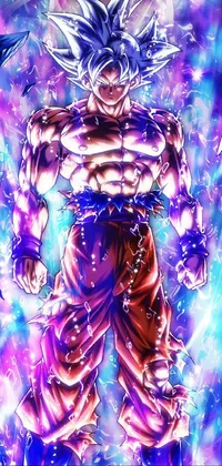 This purple energy live wallpaper features anime character Goku from Dragon Ball