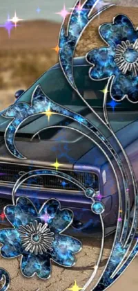 Get lost in a mesmerizing phone live wallpaper that showcases a stunning crystal purple car, decorated with beautiful blue flowers on its hood