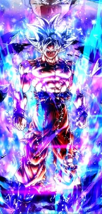 The Dragon Ball Goku live wallpaper features a highly detailed, 8k image of Goku surrounded by a dark energy aura and energy skirt, with lightning bolts and flames