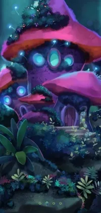 This phone live wallpaper boasts a stunning purple mushroom house in a lush forest